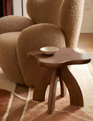 Etna sculptural modern wood accent stool by Aimee Song styled as a side table