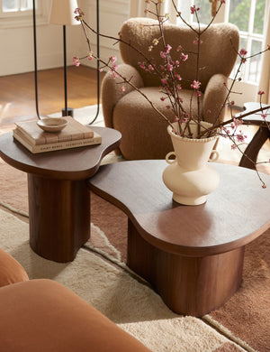 Living room featuring the Torino sculptural dark brown nesting coffee table by Aimee Song