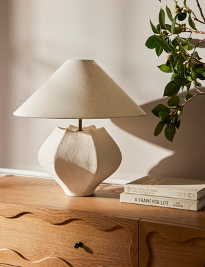 Punto sculptural ceramic table lamp by Aimee Song styled on top of a dresser