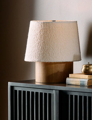 Mulberry boucle shade mixed-material table lamp styled on a sideboard cabinet