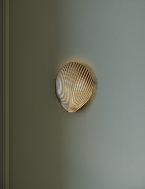 Renoir brass shell-shaped sconce light hung on a green wall