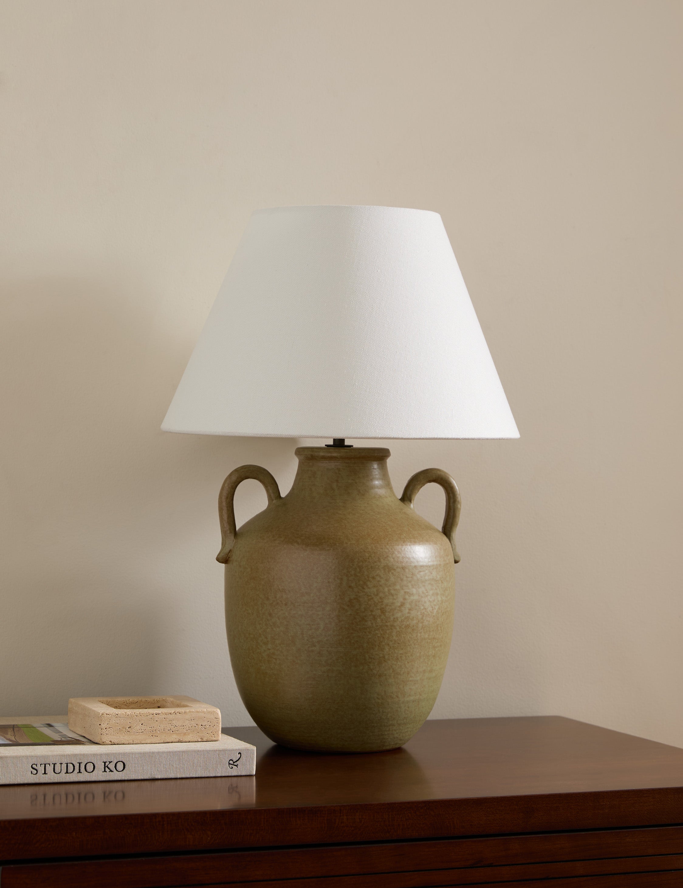 #color::moss | Delfina lug handle glazed ceramic table lamp by Heidi Caillier