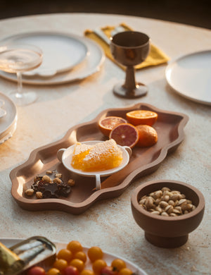 Ruffle walnut wood Serving Tray by Sarah Sherman Samuel used in a tablescape
