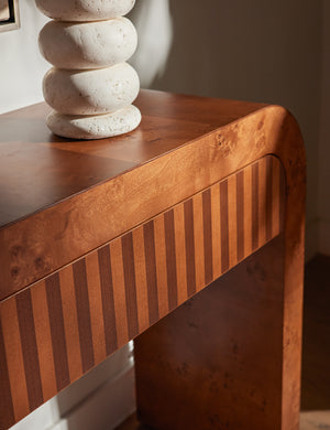 Close up of the Sabal burl wood waterfall console table by Carly Cushnie.
