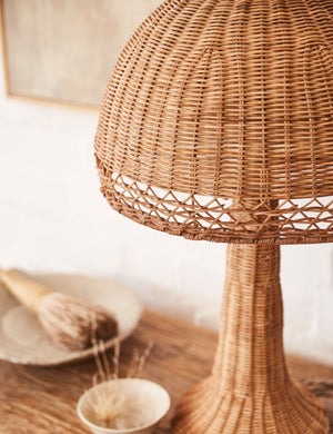 Close up of the Quinley dome rattan coast table lamp.