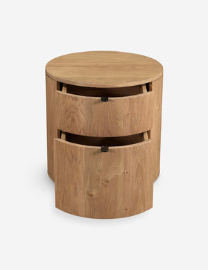 Kono 2-drawer round oak nightstand with both drawers slightly opened.