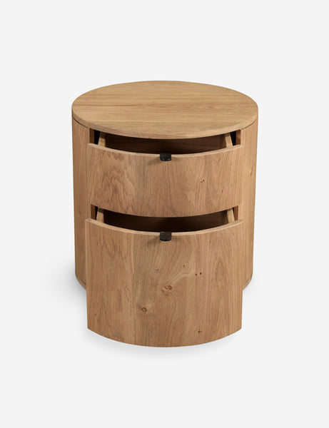 #color::natural | Kono 2-drawer round oak nightstand with both drawers slightly opened.