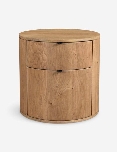 #color::natural | Kono 2-drawer round oak nightstand.