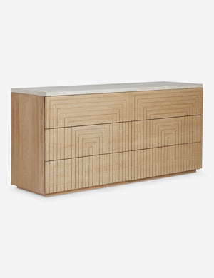 Rayner carved linear detailing oak six drawer dresser.