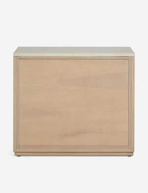 Back of the Rayner carved linear detailing oak two drawer nightstand.