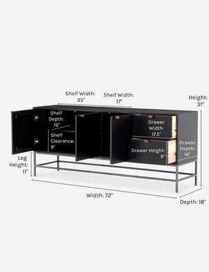 Dimensions of the Rosamonde black wood sideboard with brown leather pulls and a metal base