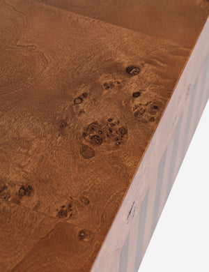 Close up of the wood grain of the Sabal burl wood waterfall console table by Carly Cushnie.