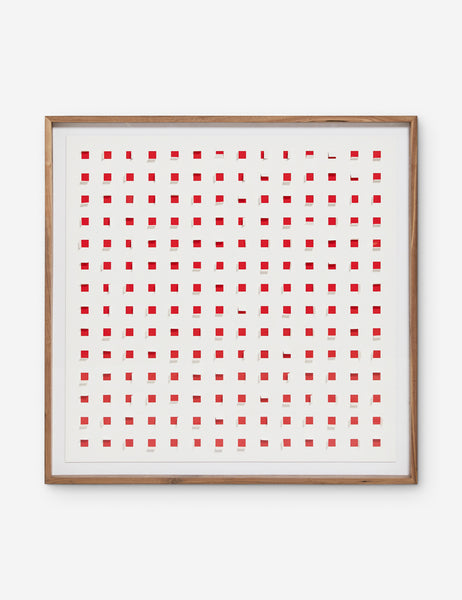 #color::cherry-and-white #size::48--x-48- | See Through cherry red and white wall art featuring square paper cutouts with flaps on a linen backdrop