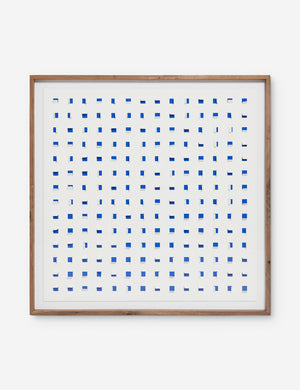 See Through cobalt blue and white wall art featuring square paper cutouts with flaps on a linen backdrop