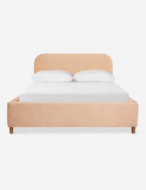 Solene buff pink velvet platform bed with an arched headboard and oak wood legs