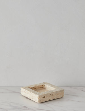 Side view of the Teo catchall square tray in travertine