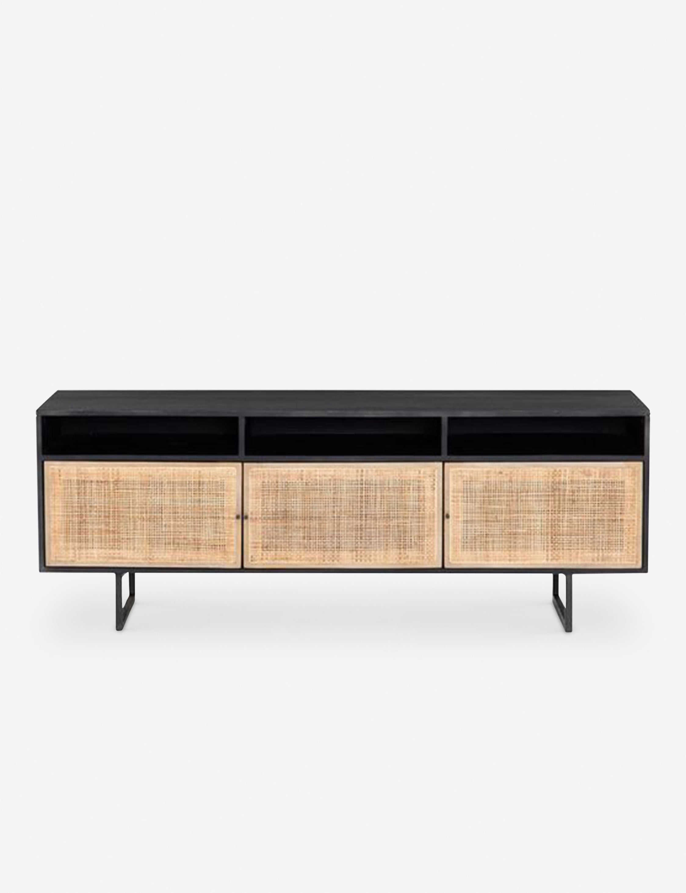 #color::black-and-natural | Hannah black mango wood media console with cane doors.