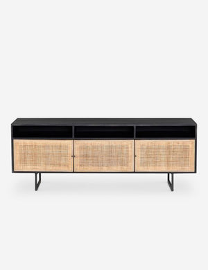 Hannah black mango wood media console with cane doors.