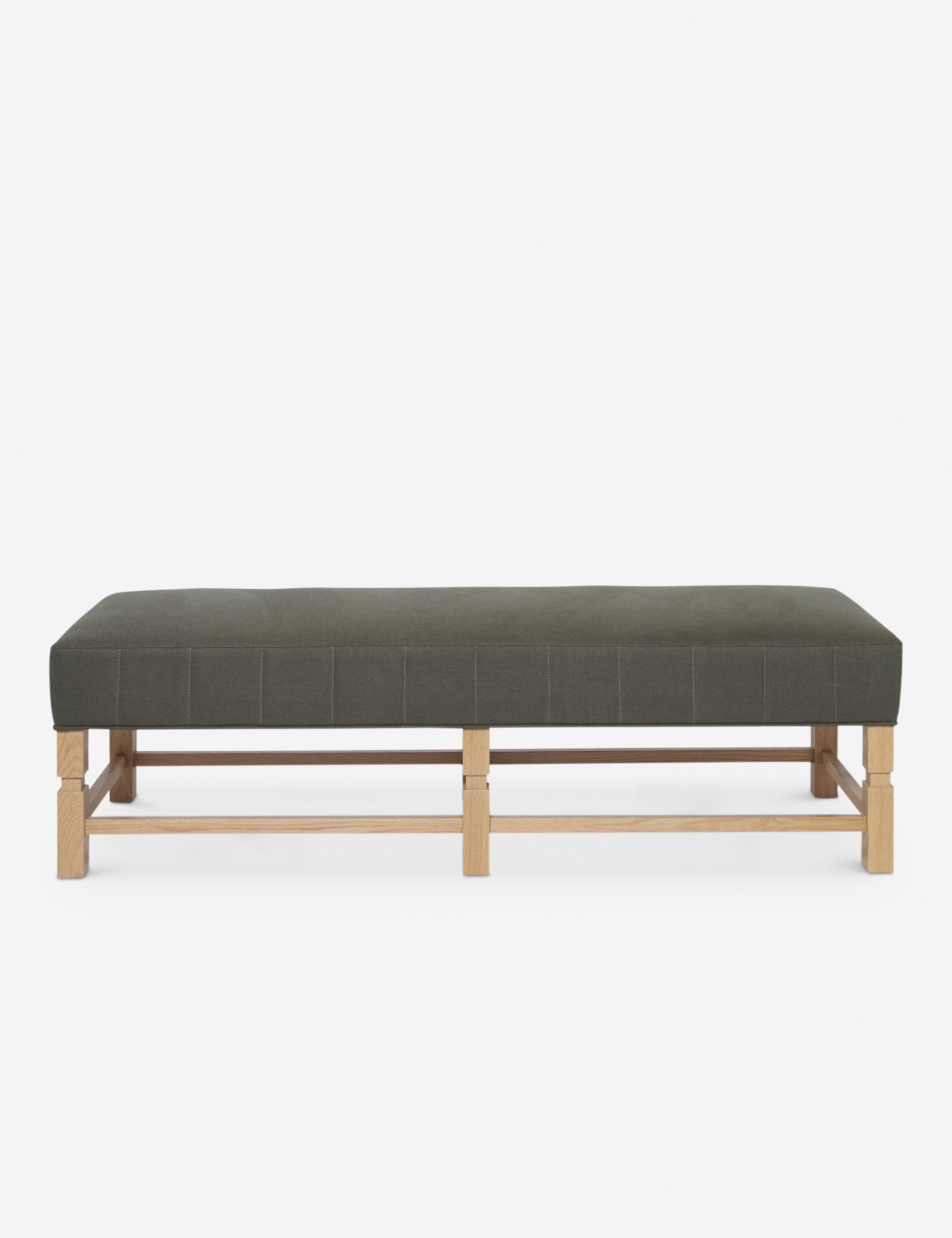 #color::loden | Ambleside upholstered loden gray linen bench with carved detailing on the frame and vertical channeling around the cushion by Ginny Macdonald