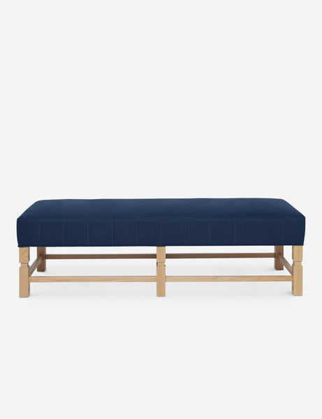 #color::dark-blue | Ambleside Dark Blue linen upholstered bench with carved detailing on the frame and vertical channeling around the cushion by Ginny Macdonald