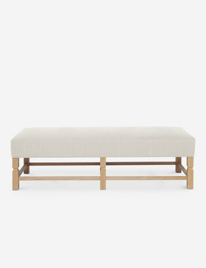 Ambleside Natural linen upholstered bench with carved detailing on the frame and vertical channeling around the cushion by Ginny Macdonald