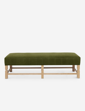 Ambleside Jade green velvet upholstered bench with carved detailing on the frame and vertical channeling around the cushion by Ginny Macdonald