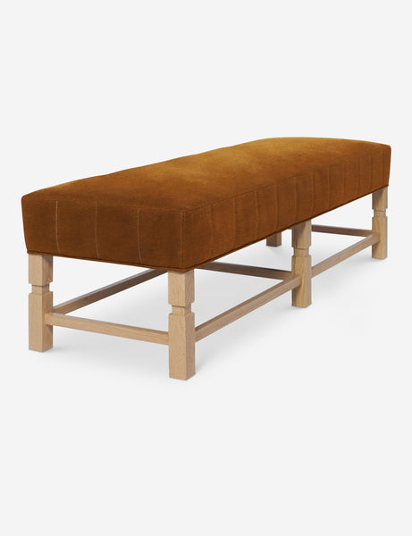 #color::cognac | Ambleside Cognac velvet upholstered bench with carved detailing on the frame and vertical channeling around the cushion by Ginny Macdonald