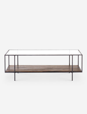 Asher rectangular coffee table with a lower wooden shelf and top glass shelf
