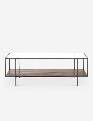 | Asher rectangular coffee table with a lower wooden shelf and top glass shelf