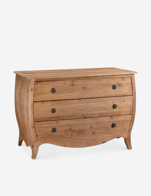 Bethany three drawer dresser with a curved silhouette and antiqued brass ring pulls