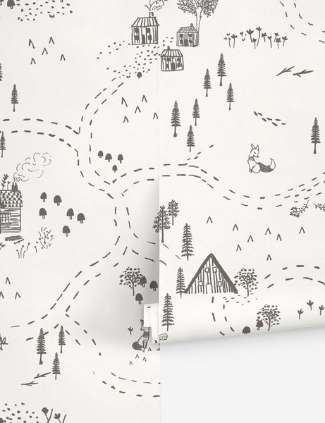| Through the Woods White Wallpaper with gray travel and nature inspired illustrations by Rylee + Cru