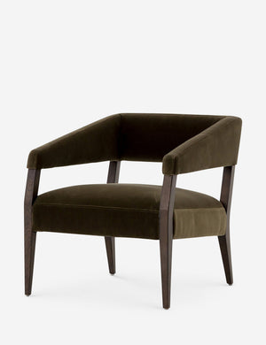 Angled view of the Lyssa olive velvet accent chair