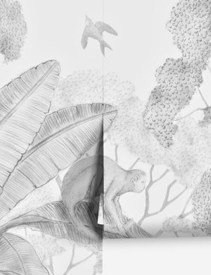 Close up of Jungle Wallpaper Mural in black and white color.