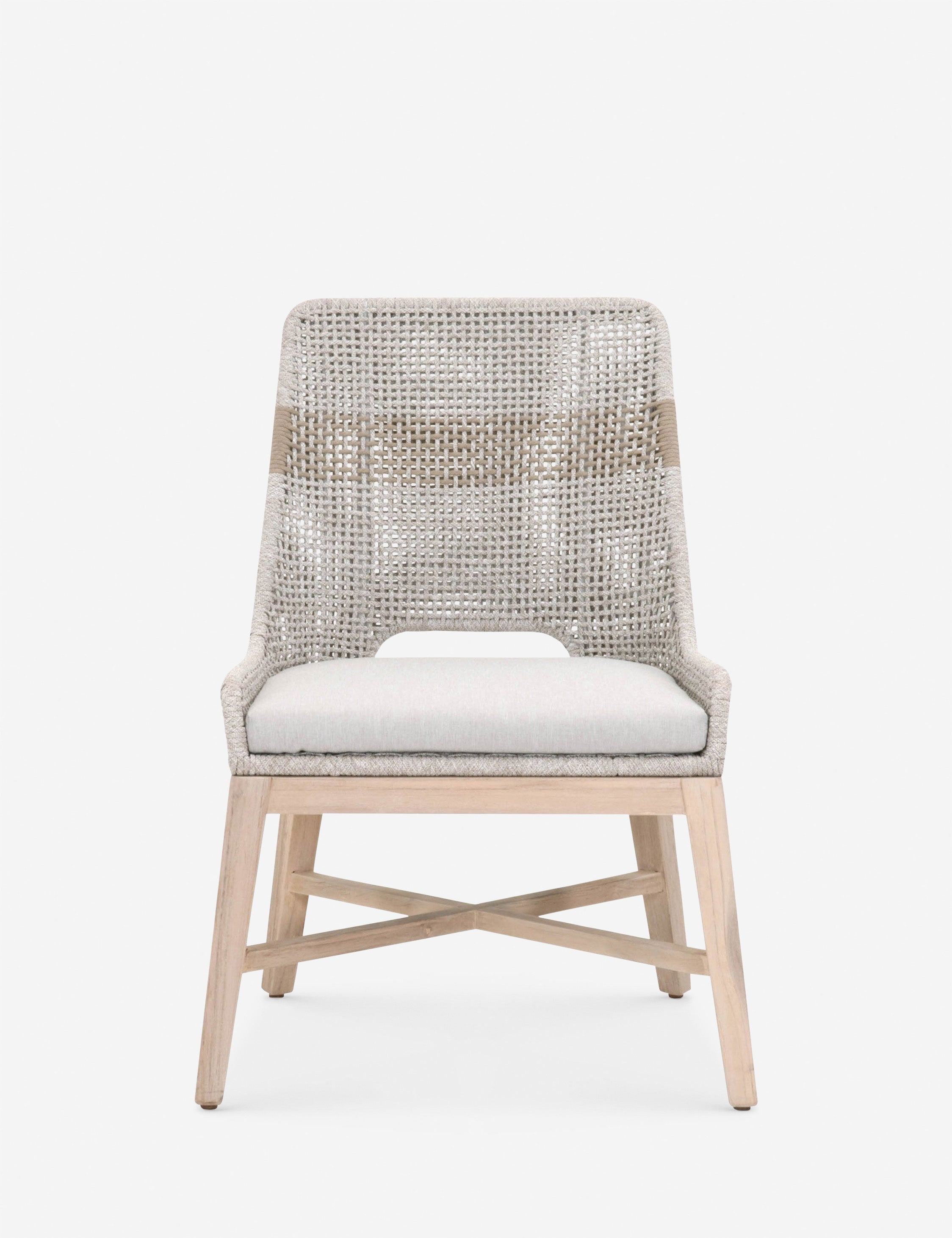 | Panorama Gray Indoor / Outdoor Dining Chair (Set of 2) with a low back, woven rope backing, tapered teak legs, and removable cushions