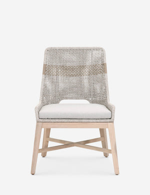 Panorama Gray Indoor / Outdoor Dining Chair (Set of 2) with a low back, woven rope backing, tapered teak legs, and removable cushions