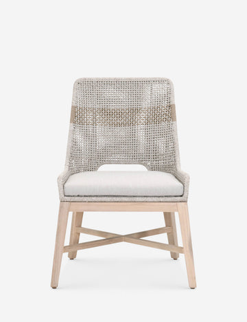 | Panorama Gray Indoor / Outdoor Dining Chair (Set of 2) with a low back, woven rope backing, tapered teak legs, and removable cushions