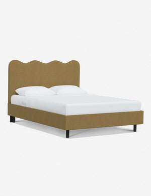 Angled view of Clementine sesame linen platform bed with undulating lined headboard