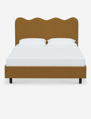 Clementine ochre boucle platform bed with undulating lined headboard