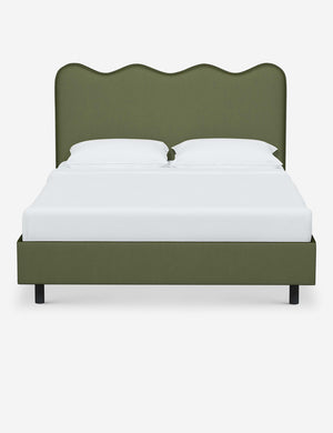 Clementine pine velvet platform bed with undulating lined headboard