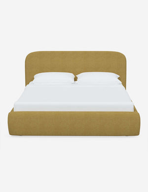 Nabiha upholstered Golden Linen platform bed with a rounded headboard