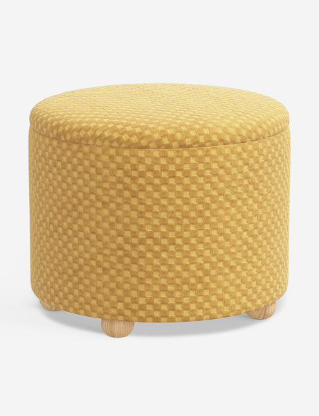 #color::hi-lo-checker-goldenrod-by-sarah-sherman-samuel #size::24-Dia | Kamila Hi-Lo Checker Goldenrod round 24-inch ottoman with storage space and pinewood feet by Sarah Sherman Samuel