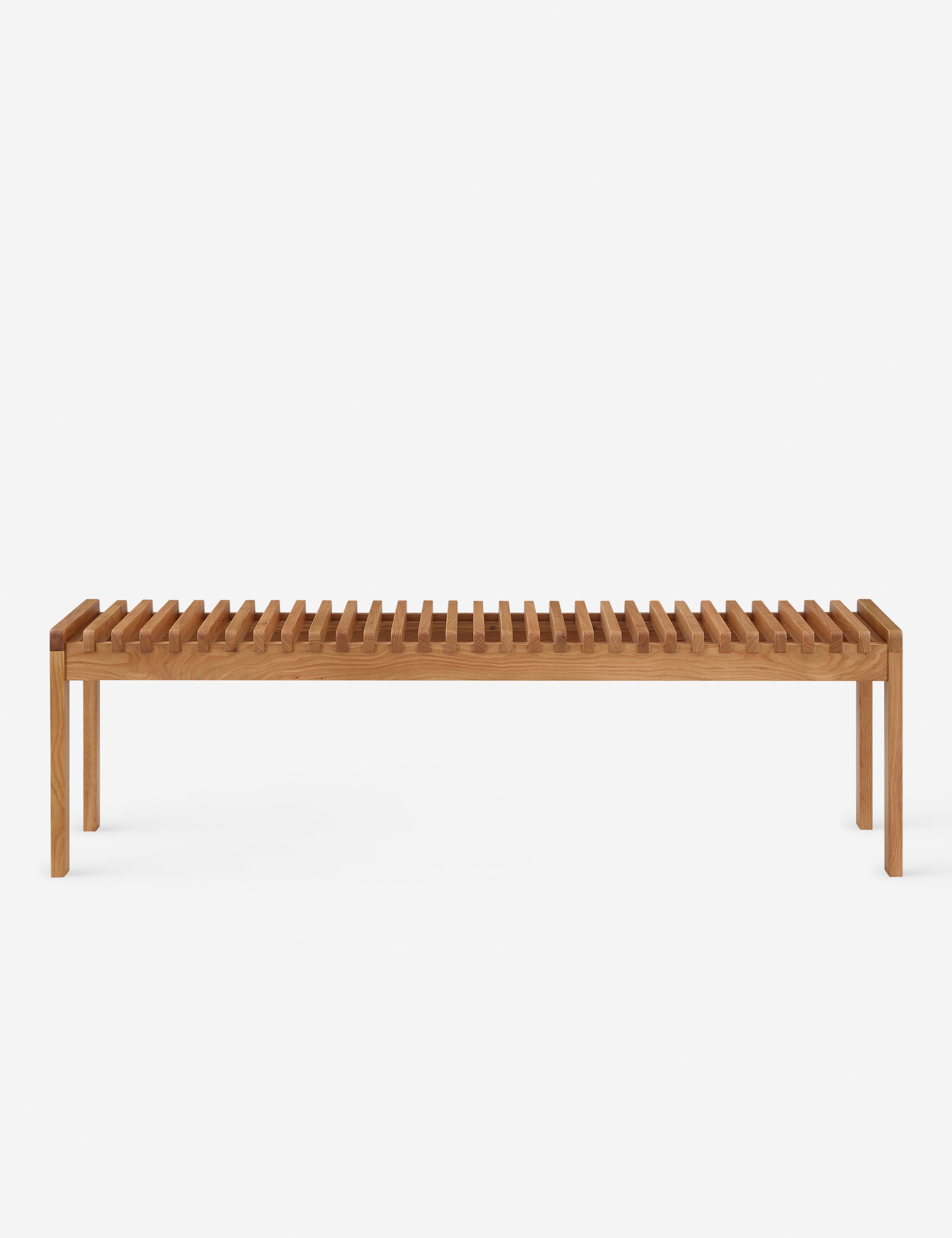 #color::natural-oak | Olson mid-century slatted wood bench in natural oak.