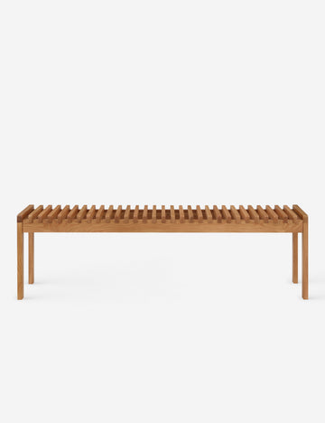 #color::natural-oak | Olson mid-century slatted wood bench in natural oak.