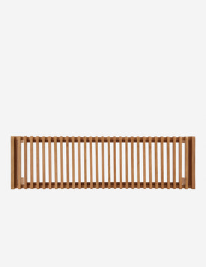 Overhead view of the Olson mid-century slatted wood bench in natural oak.