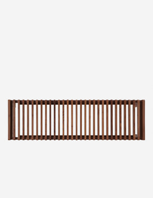 Overhead view of the Olson mid-century slatted wood bench in walnut.