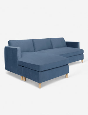 Angled view of the Belmont Harbor Blue Velvet left-facing sectional sofa