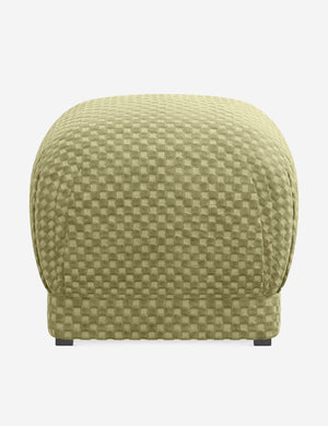Bailee Hi-Lo Checker Olive upholstered ottoman with a pouf-like design and pleated corners by Sarah Sherman Samuel