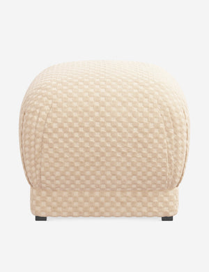 Bailee Hi-Lo Checker Natural upholstered ottoman with a pouf-like design and pleated corners by Sarah Sherman Samuel