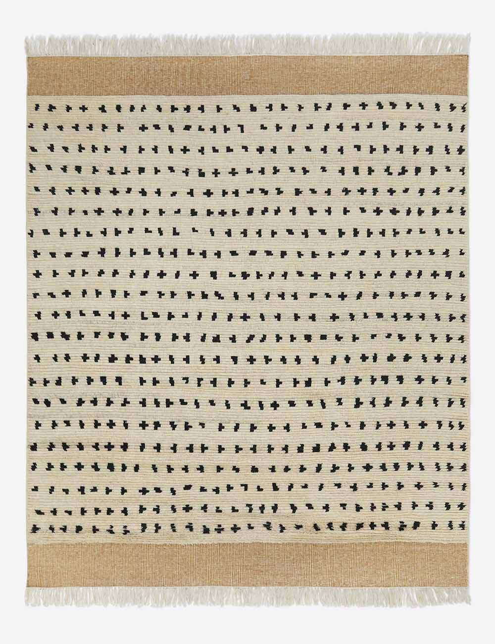#size::2-6--x-8- #size::6--x-9- #size::8--x-10- #size::9--x-12- #size::10--x-14- #size::12--x-15- | Irregular dots ivory rug with a mixed dot motif and brown flatwoven border with fringe by Sarah Sherman Samuel