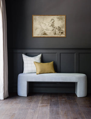 The Oh! IF Only He Were as Faithful to Me black chalk and brush Wall Art by Jean-Honoré Fragonard is hung in a black painted room atop a light blue velvet bench with accented throw pillows